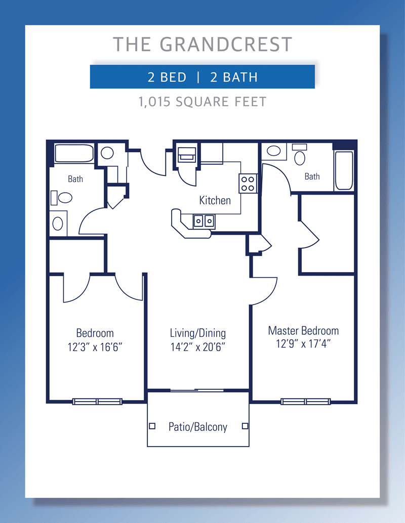 Floor plan of a 2-bedroom, 2-bathroom apartment layout.