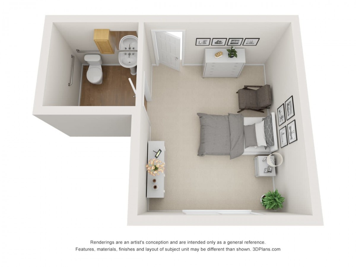 A minimalist floor plan of a small bedroom with an attached bathroom, showcasing efficient furniture arrangement.