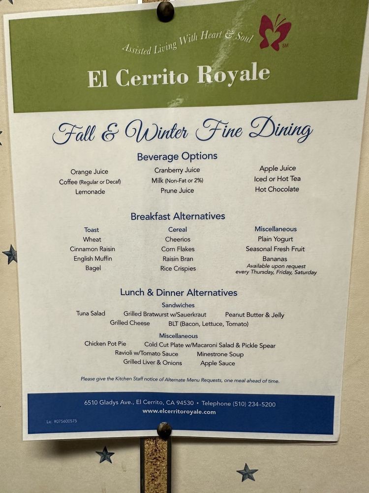El Cerrito Royale Fall & Winter Fine Dining menu with various beverage options, breakfast, lunch, and dinner alternatives.