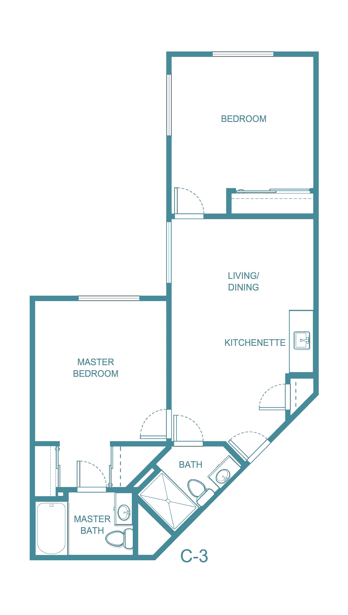 A floor plan of an apartment with a master bedroom, living/dining area, kitchenette, and bath.