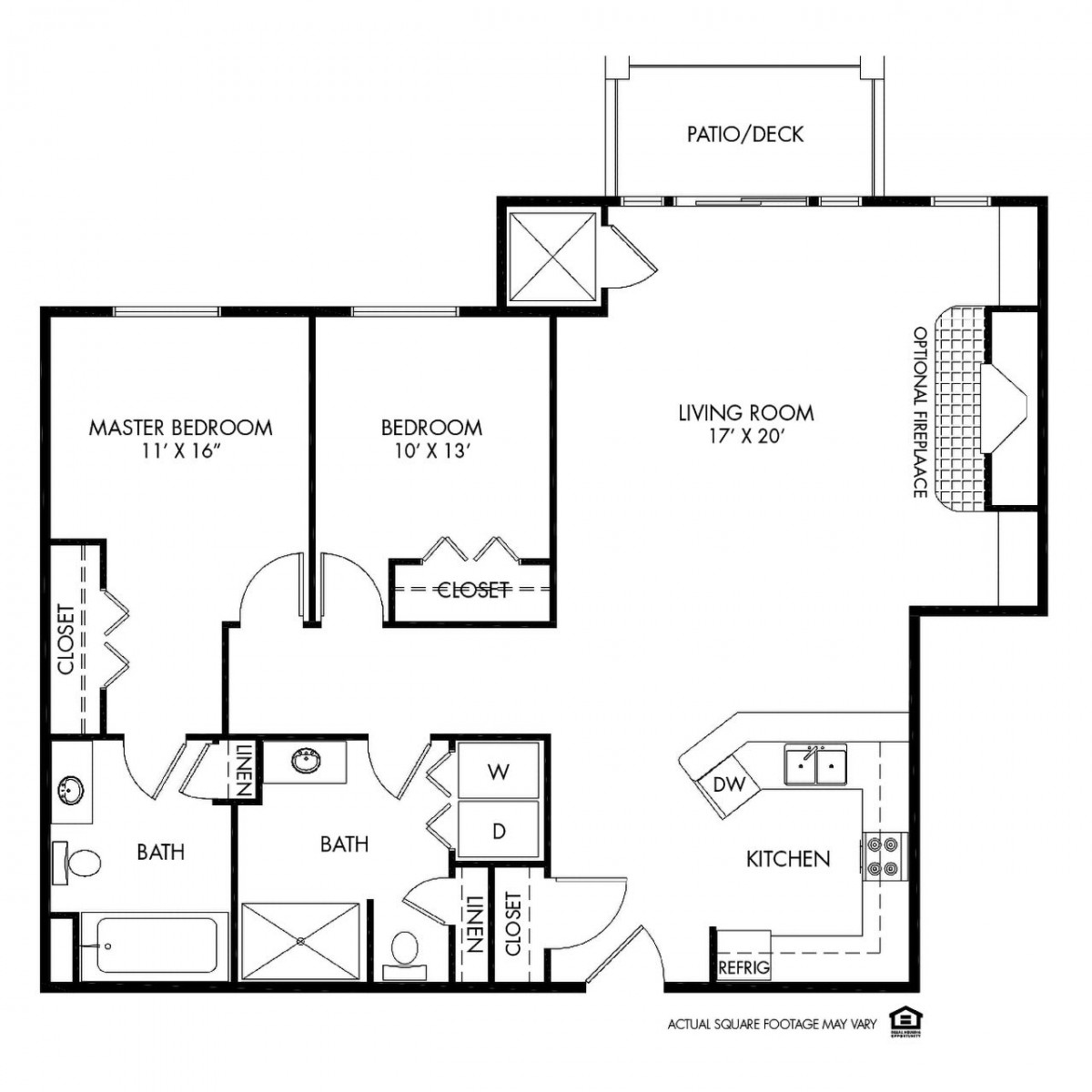 A floor plan of a two-bedroom apartment with bathrooms, a living room, kitchen, and deck.