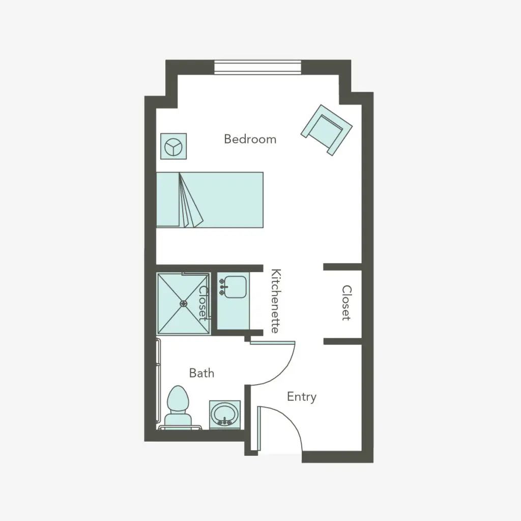 A simple studio apartment floor plan with designated spaces for bed, bathroom, and kitchen.