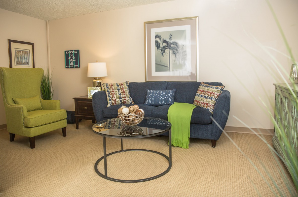 A cozy living room with a blue sofa, decorative pillows, and a glass-top coffee table.