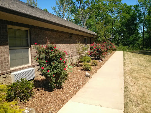 A well-maintained garden alongside a paved pathway leading to a house.