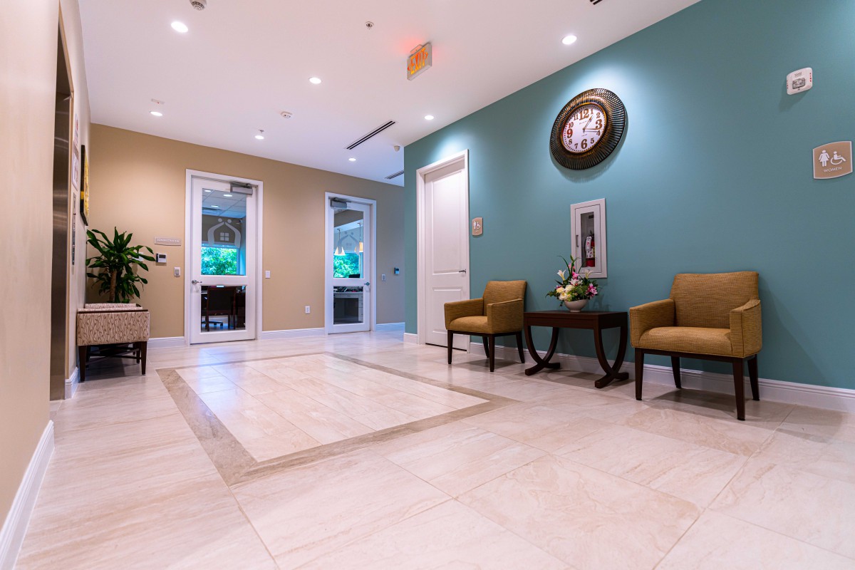 A modern lobby with comfortable seating and stylish decor.