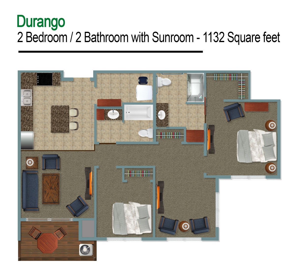 Floor plan of the Durango: a 2 bedroom, 2 bathroom apartment with a sunroom covering 1132 square feet.