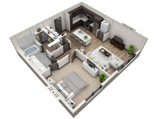A 3D floor plan of a modern one-bedroom apartment, featuring an open living room and kitchen layout.