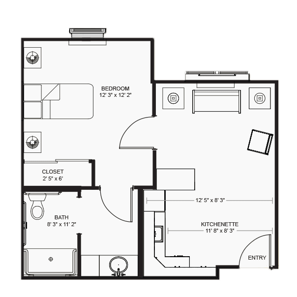 A floor plan illustration of a one-bedroom apartment layout, featuring a living room, kitchen, and bathroom.