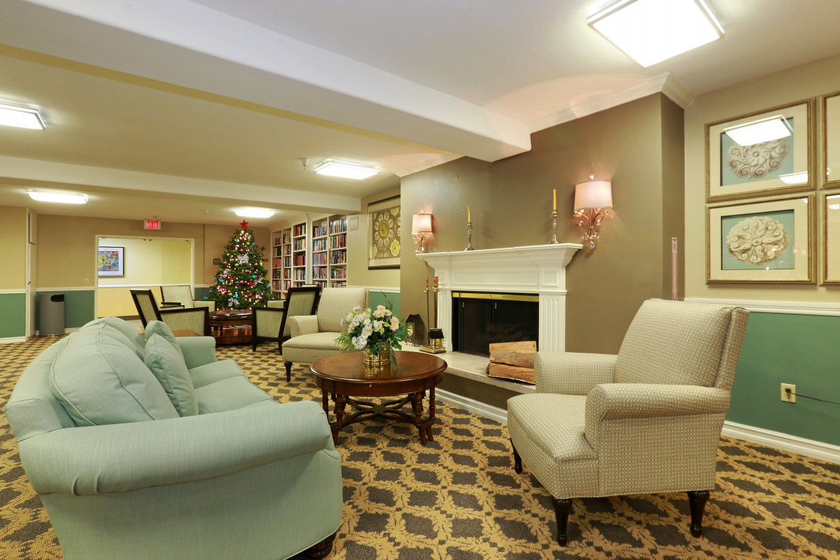 A cozy living room with elegant furniture and a decorated Christmas tree.