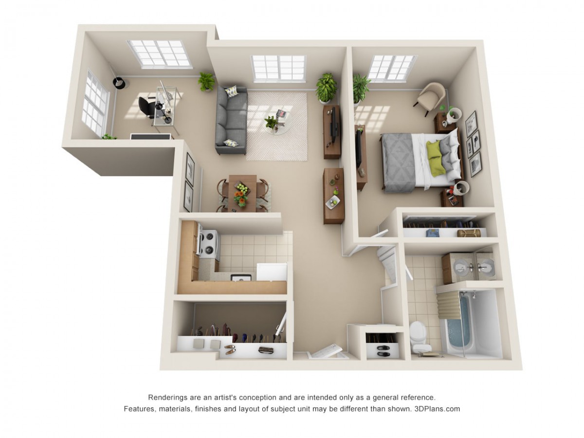 3D floor plan of a one-bedroom apartment featuring a living room, kitchen, bedroom, and bathroom.