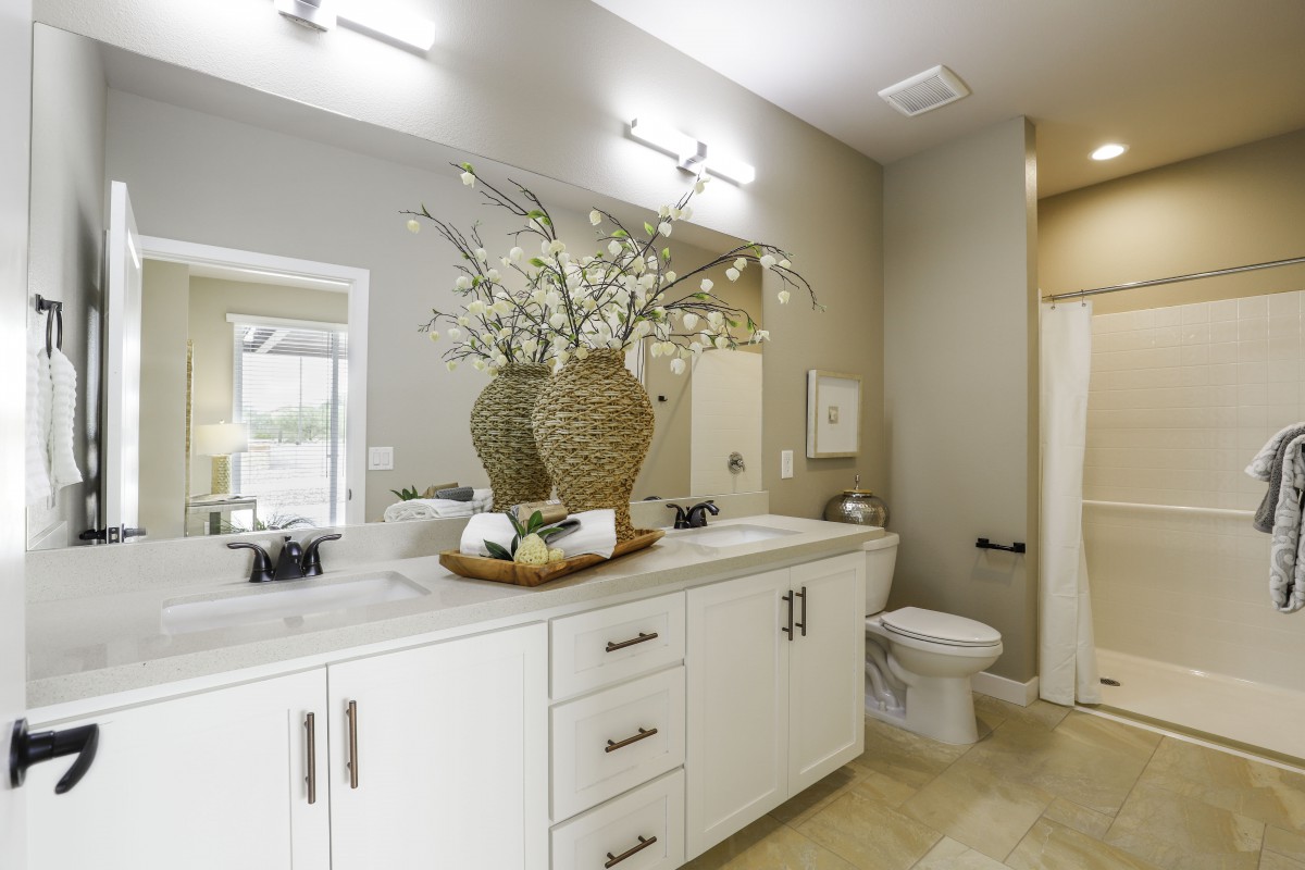 A well-designed bathroom with a double sink vanity, decorative vases, and modern lighting.