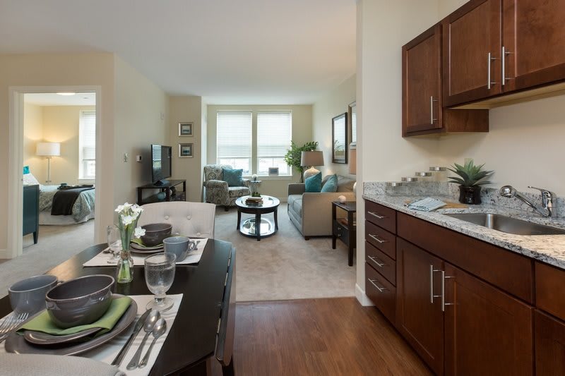 A modern apartment with a cozy living room, dining area, and kitchen in an open floor plan.