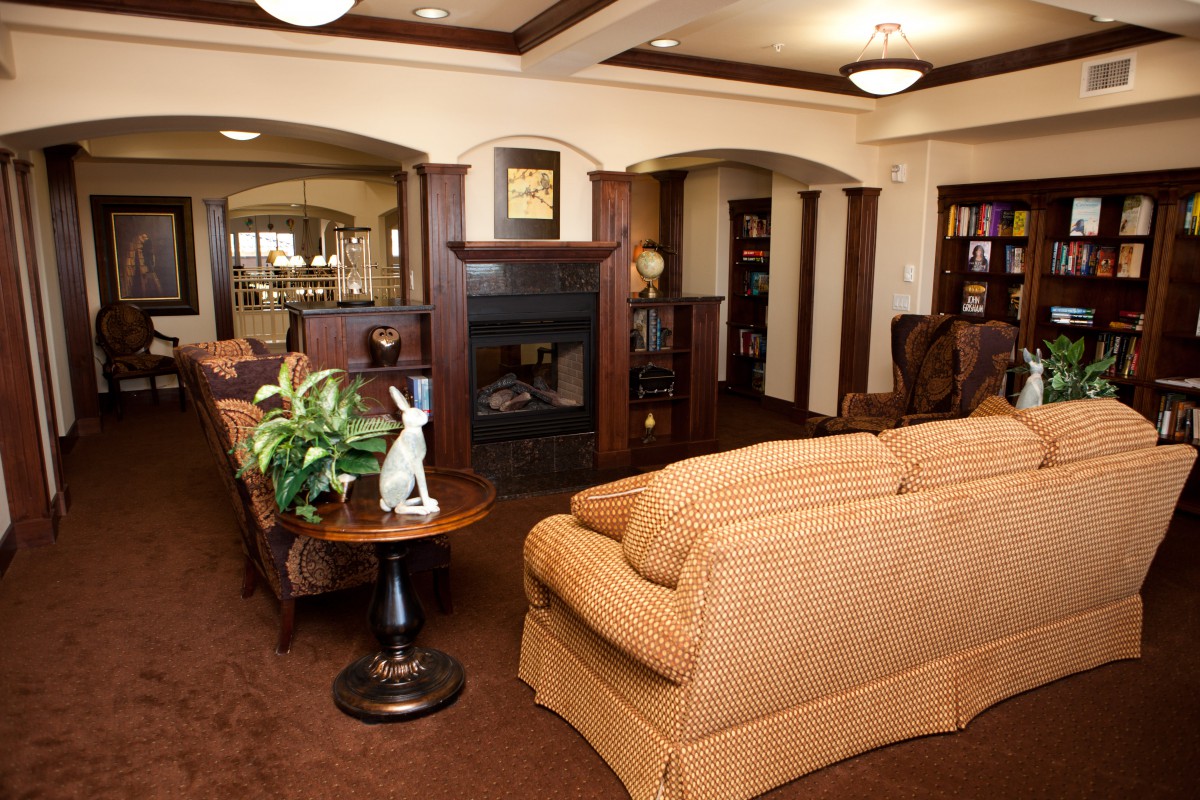 A cozy living room with a sofa and fireplace, surrounded by bookshelves and elegant decor.