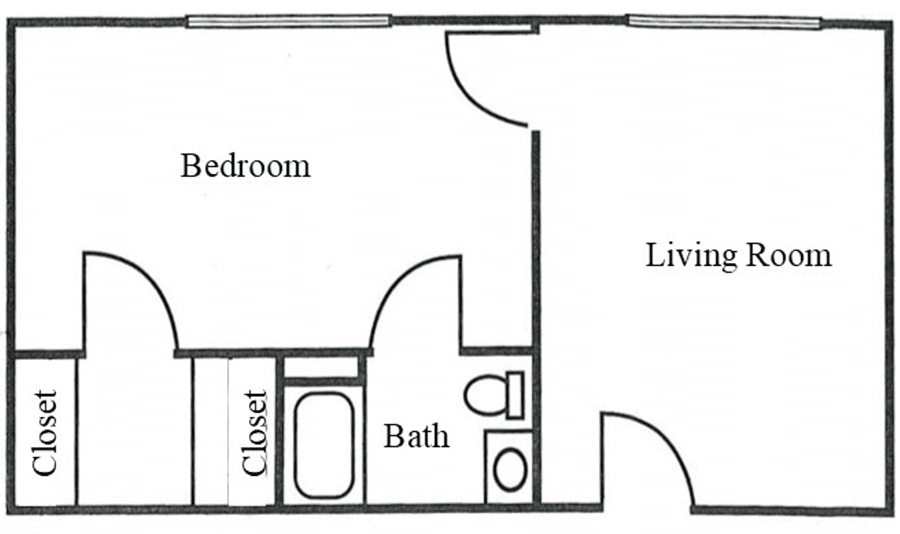 A simple floor plan of a one-bedroom apartment with labeled living room, bedroom, bathroom, and closet.