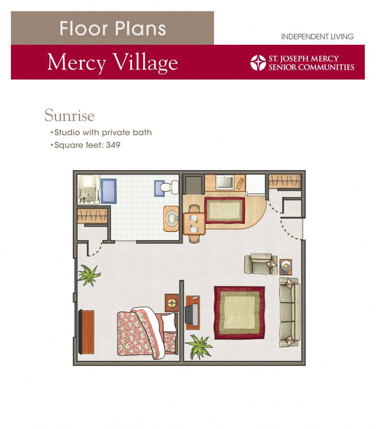 This image is a floor plan of a studio apartment at Mercy Village, highlighting its spacious layout designed for comfortable living.