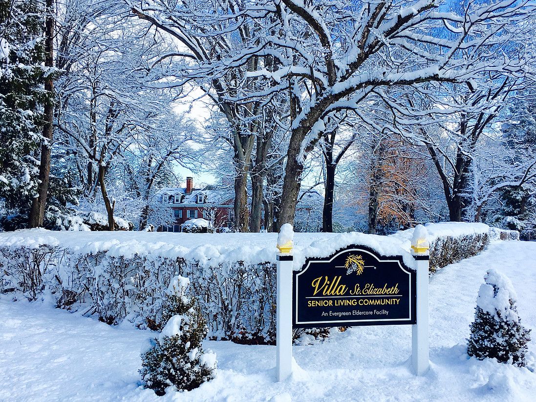 A scenic winter landscape with snow-covered trees and a sign in the foreground.