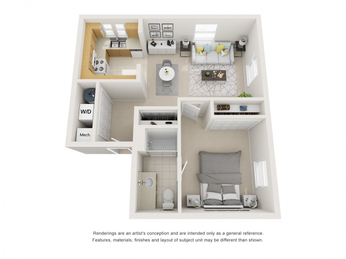 3D floor plan of a one-bedroom apartment featuring a kitchen, living room, bathroom, and bedroom.