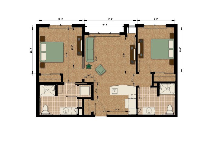 A detailed floor plan of a two-bedroom apartment with shared living spaces.