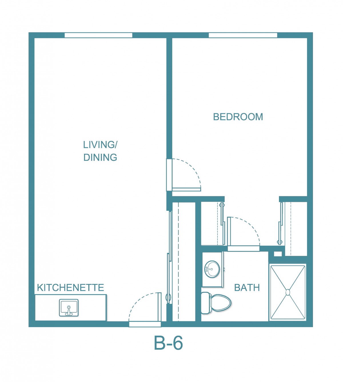 A simple floor plan of an apartment featuring a living/dining area, bedroom, kitchenette, and bathroom.