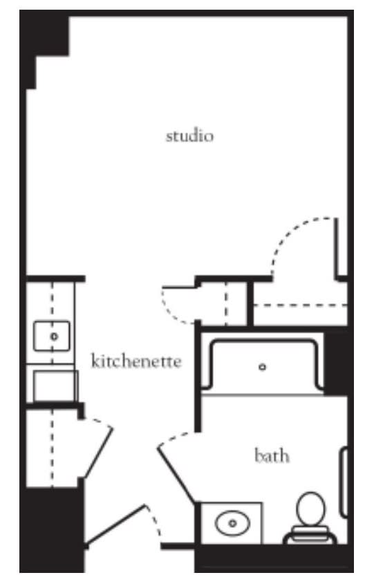 A floor plan of a studio apartment featuring a kitchenette and bathroom.