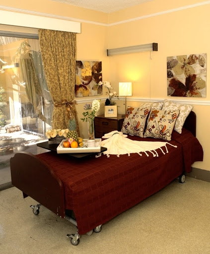 A cozy and elegantly decorated bedroom featuring a brown bed, artistic wall decor, and a touch of natural light.