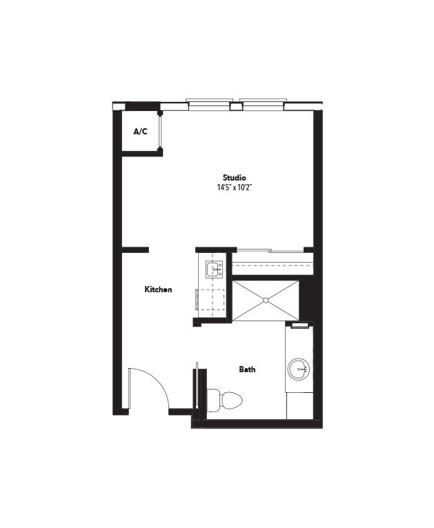 A floor plan of a studio apartment with designated areas for the kitchen, bathroom, and living space.