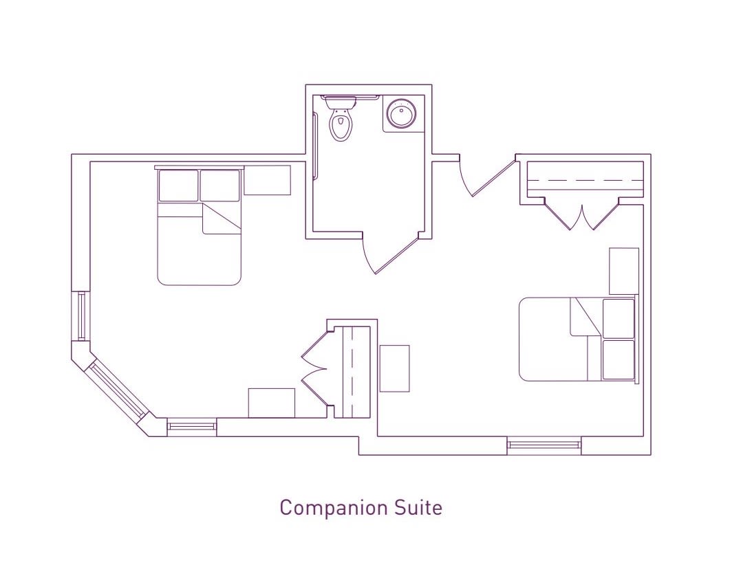 Companion Suite floor plan showing two bedrooms and a shared bathroom.