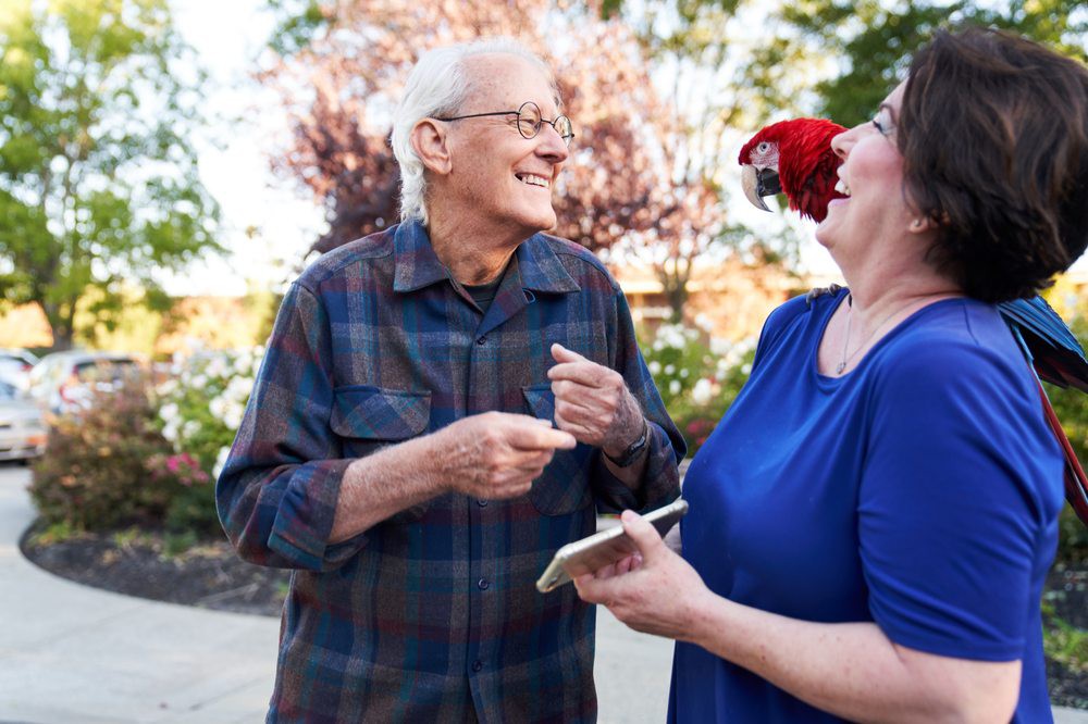 An elderly man and a woman enjoying time outdoors with a parrot perched on her shoulder.