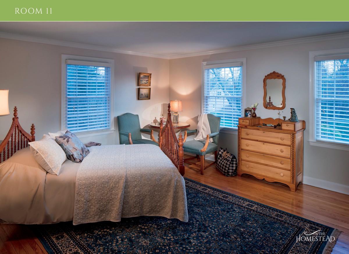 A cozy and well-decorated bedroom featuring a bed, chairs, dresser, and rug with natural light from windows.