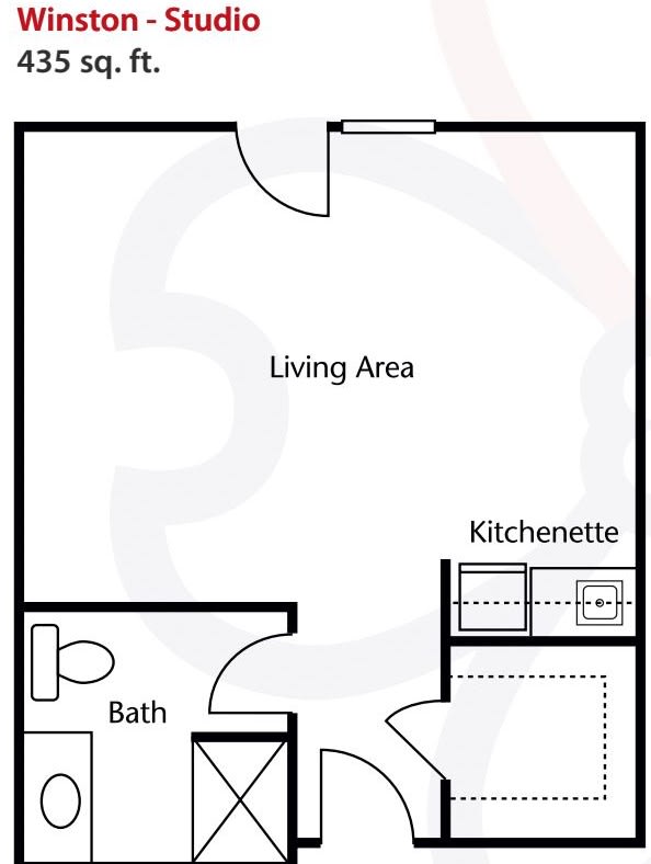 A floor plan of a studio apartment with a living area, kitchenette, and bathroom.