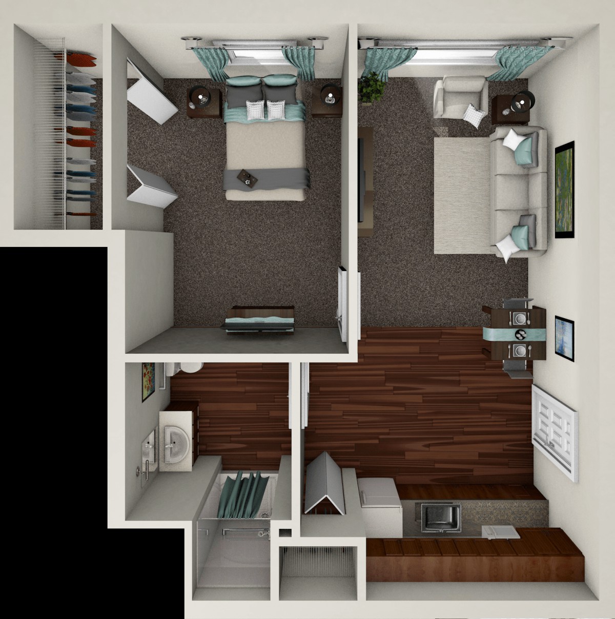 A 3D floor plan of a one-bedroom apartment featuring a kitchen, living area, and bedroom.