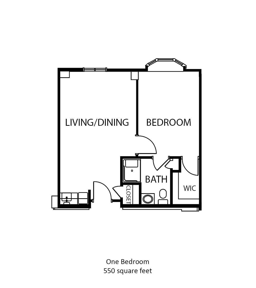 One-bedroom apartment floor plan with living/dining area and bathroom.