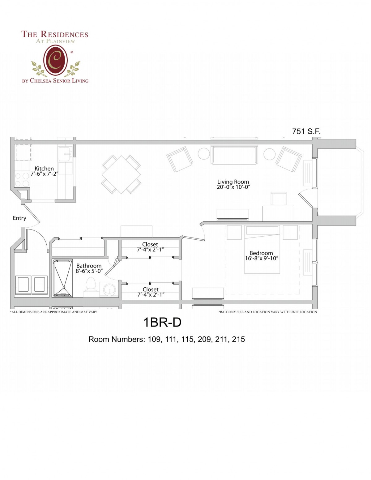 A detailed floor plan of a 1-bedroom apartment layout.