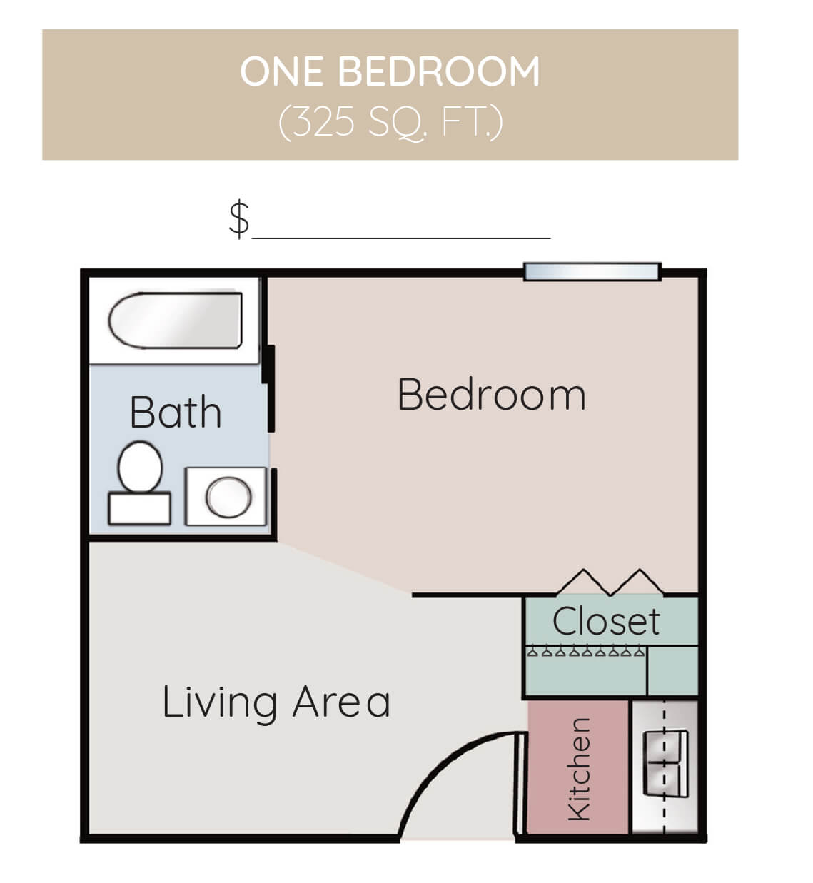 A floor plan of a one-bedroom apartment with labeled areas for the bedroom, living area, bathroom, and closet.