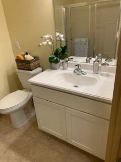 A neat bathroom with a sink, toilet, and decorative elements.