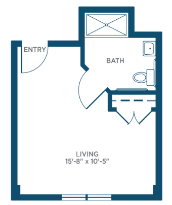 Studio apartment floor plan with living area and bathroom.