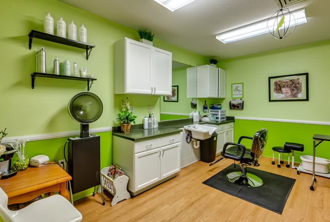 A well-organized salon space with green walls, featuring a hair dryer, chair, sink, and storage cabinets.