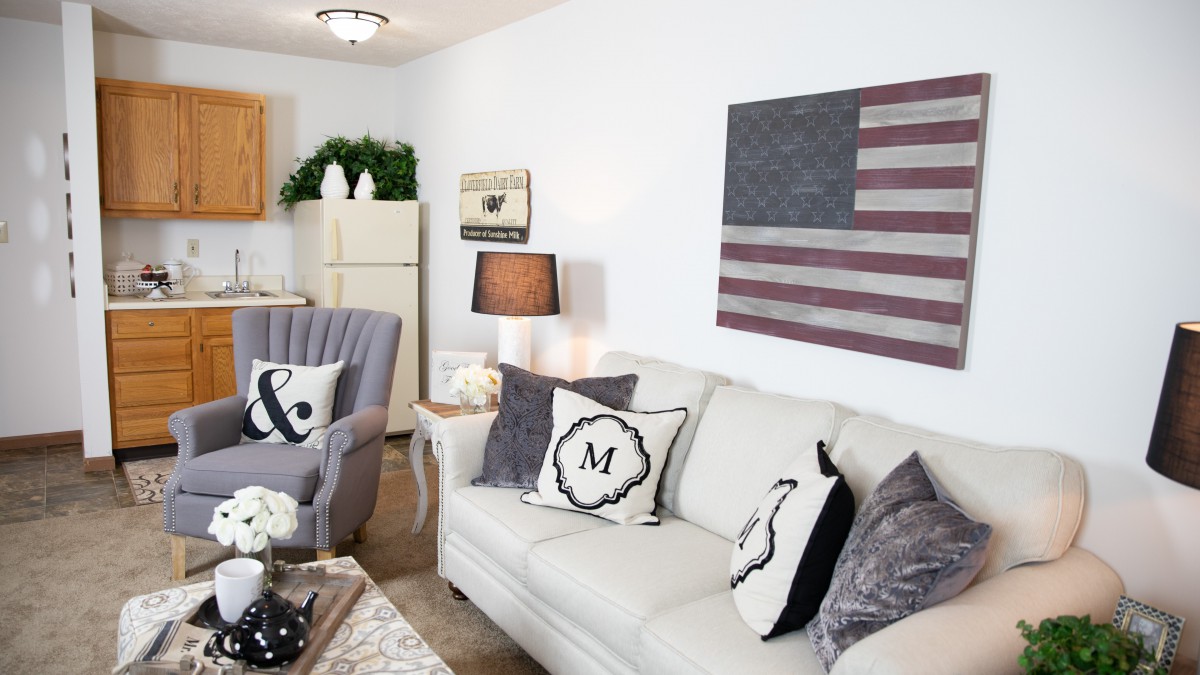 A cozy living room with a white sofa and decorative cushions, featuring flag artwork on the wall.
