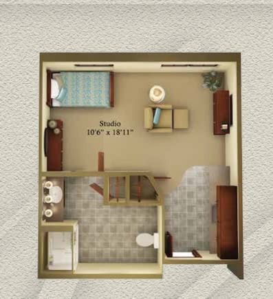 Studio apartment floor plan with a compact layout featuring a bedroom, living area, and bathroom.