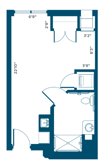 A basic floor plan showing a room with dimensions and a bathroom layout.