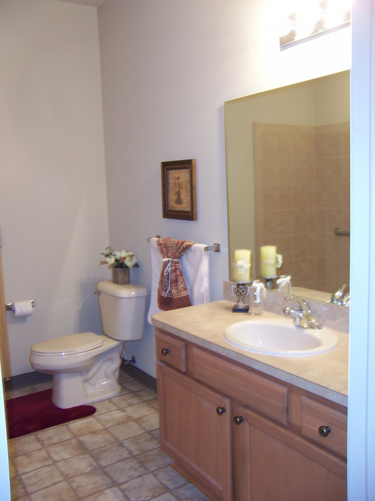 A clean and well-decorated bathroom with a sink, mirror, and toilet.