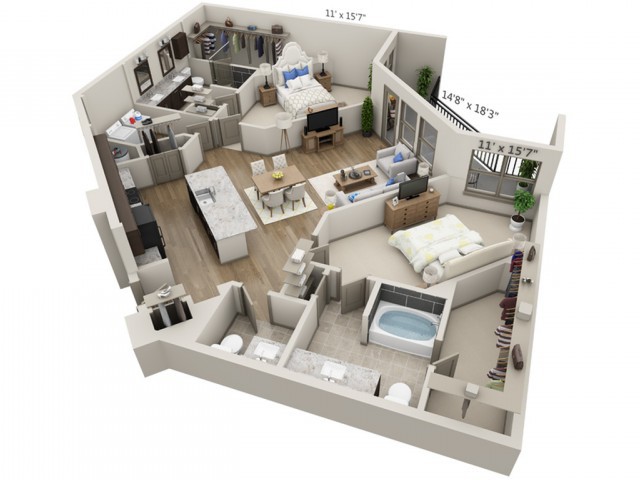 A 3D floor plan rendering of an open concept apartment featuring a kitchen, living room, bedroom, and bathroom.