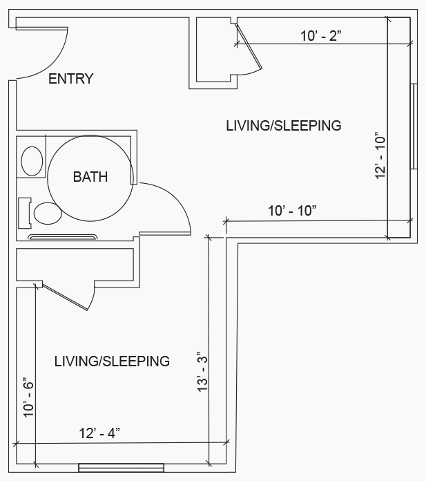 A floor plan of a studio apartment featuring a combined living and sleeping area, along with a bathroom and entryway.