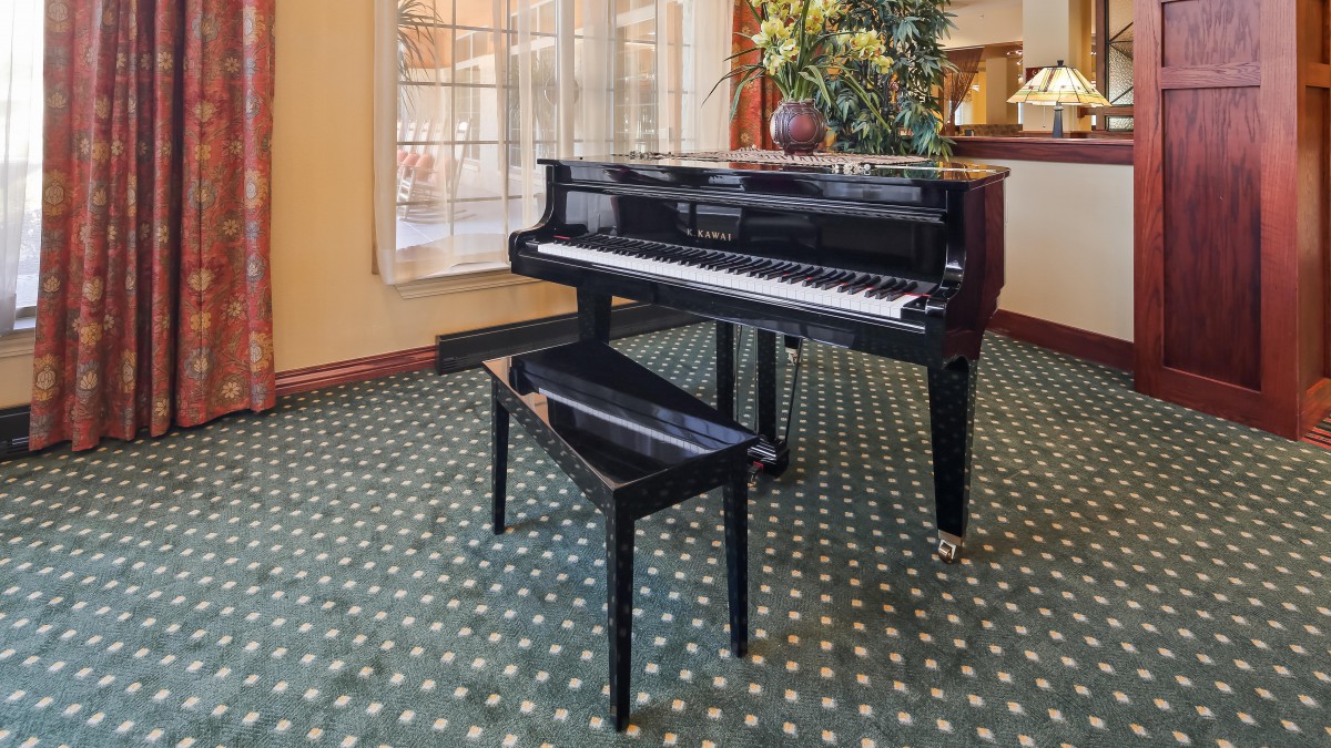 A piano with a matching bench in a cozy room with patterned carpet and a large window.