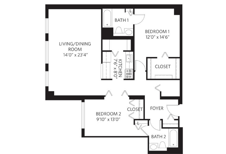 A floor plan of a two-bedroom apartment featuring a living/dining room, kitchen, and two bathrooms.