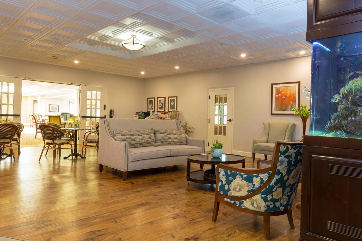 A cozy living room with stylish furniture and warm lighting.