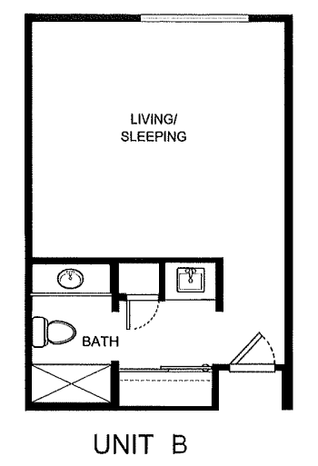 Studio apartment floor plan with living/sleeping area and bathroom.