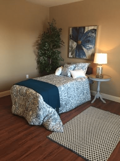 A cozy bedroom with a single bed, side table, and decorative elements like a lamp and painting.