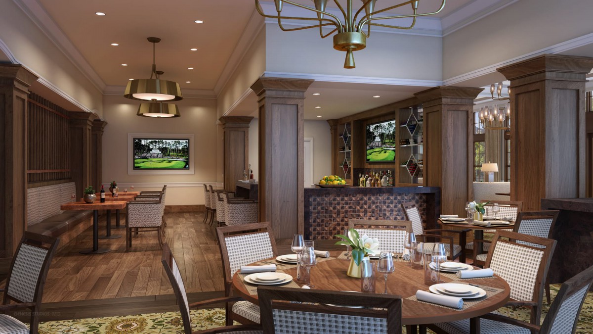 A stylish dining area with elegant decor, featuring wooden furniture and chandeliers.