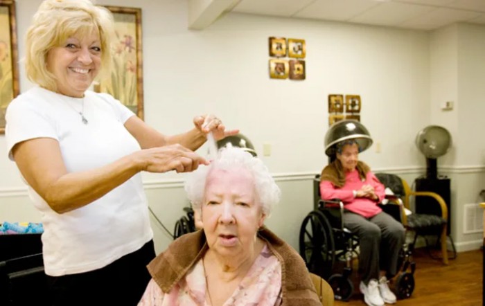 A woman styles the hair of an elderly lady at a salon, with another person seated under a hairdryer in the background.